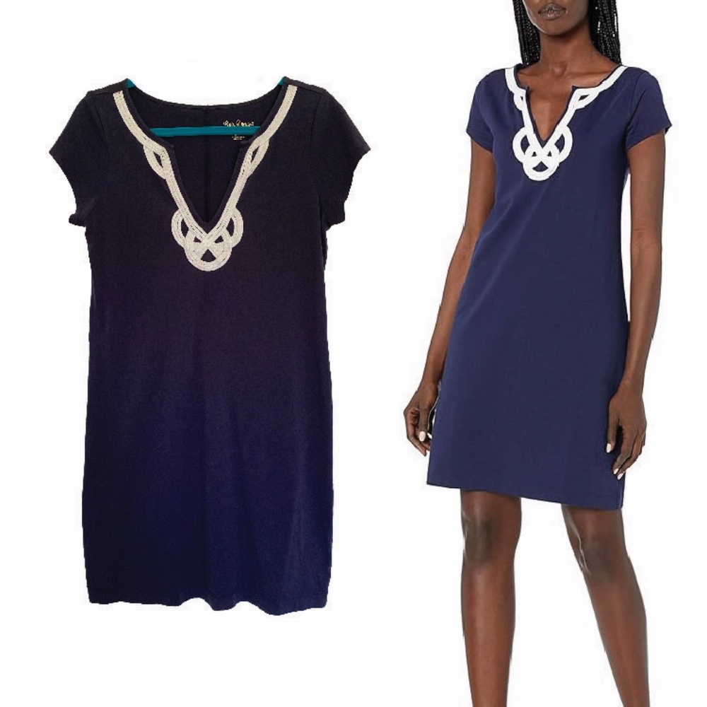 LILLY PULITZER Navy Brewster Embroidered Nautical T-shirt Dress Medium Cotton - Picture 3 of 11